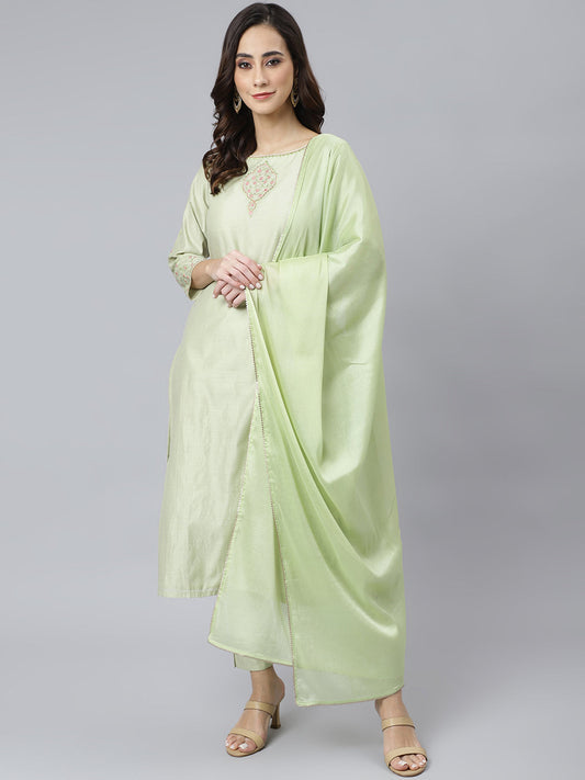 Janasya Women's Sea Green Poly Silk Solid Kurta With Pant And Dupatta | Swadesiicart