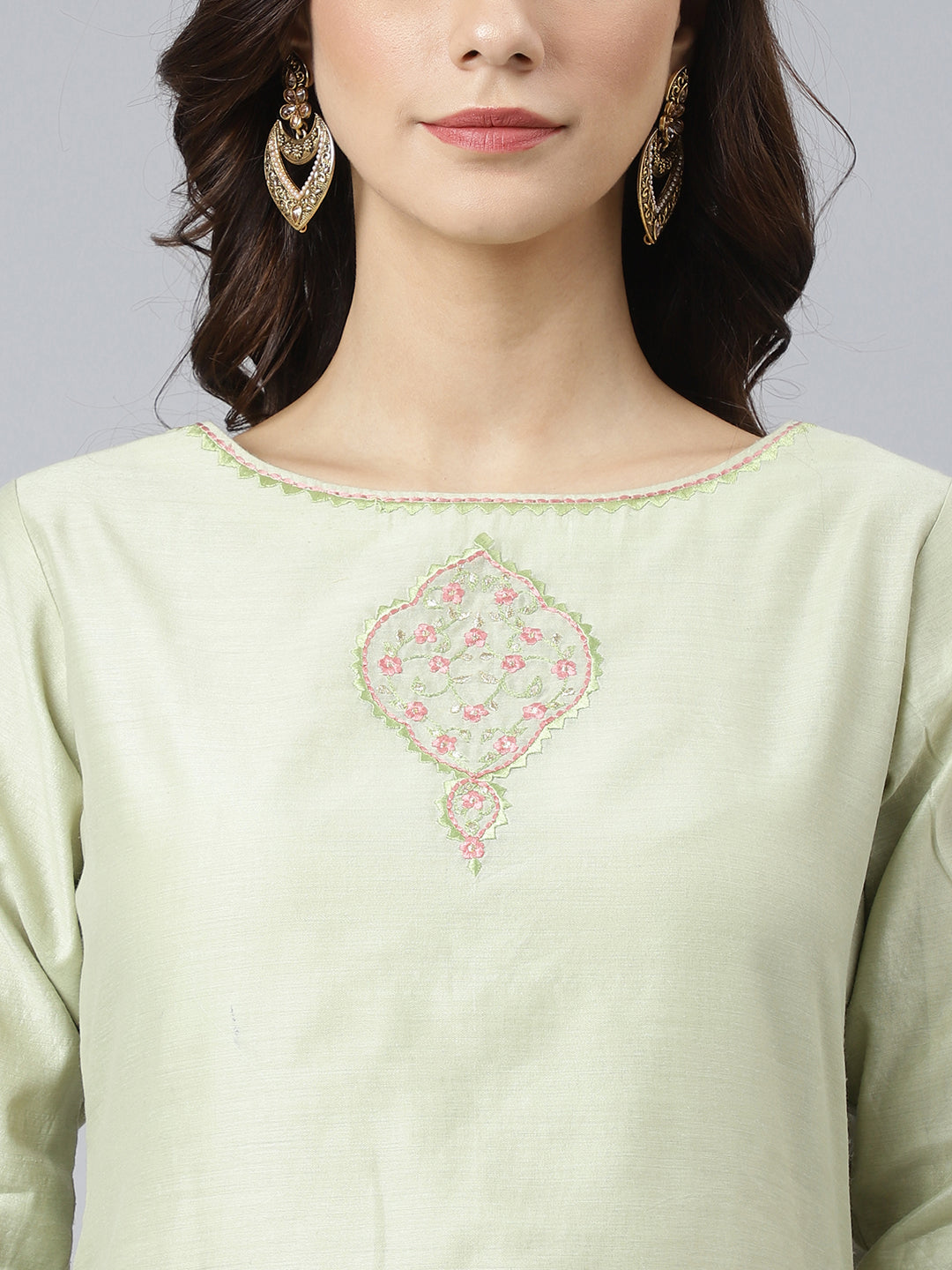 Janasya Women's Sea Green Poly Silk Solid Kurta With Pant And Dupatta | Swadesiicart