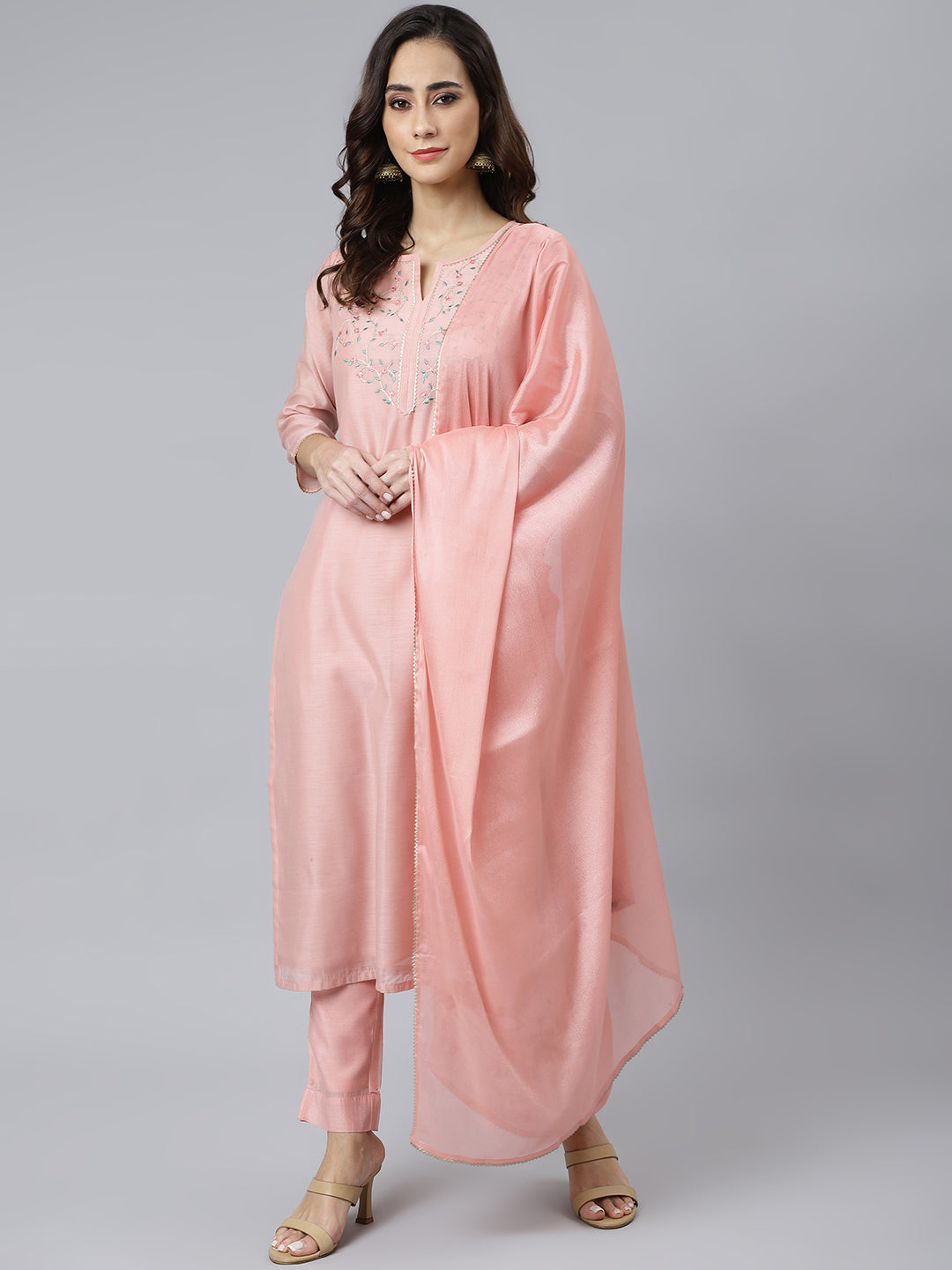 Janasya Women's Baby Pink Poly Silk Solid Kurta With Pant And Dupatta | Swadesiicart