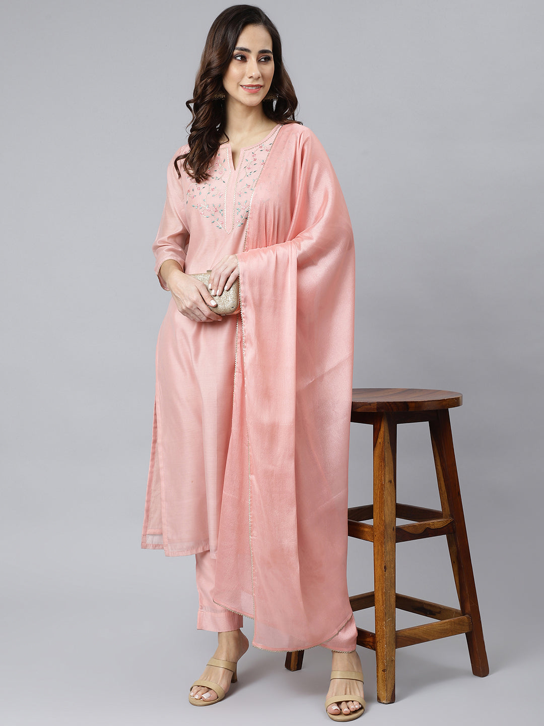 Janasya Women's Baby Pink Poly Silk Solid Kurta With Pant And Dupatta | Swadesiicart