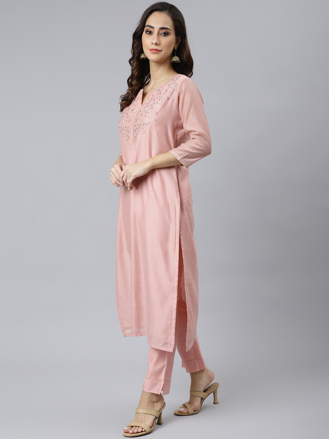 Janasya Women's Baby Pink Poly Silk Solid Kurta With Pant And Dupatta | Swadesiicart