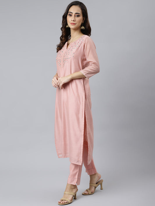 Janasya Women's Baby Pink Poly Silk Solid Kurta With Pant And Dupatta | Swadesiicart
