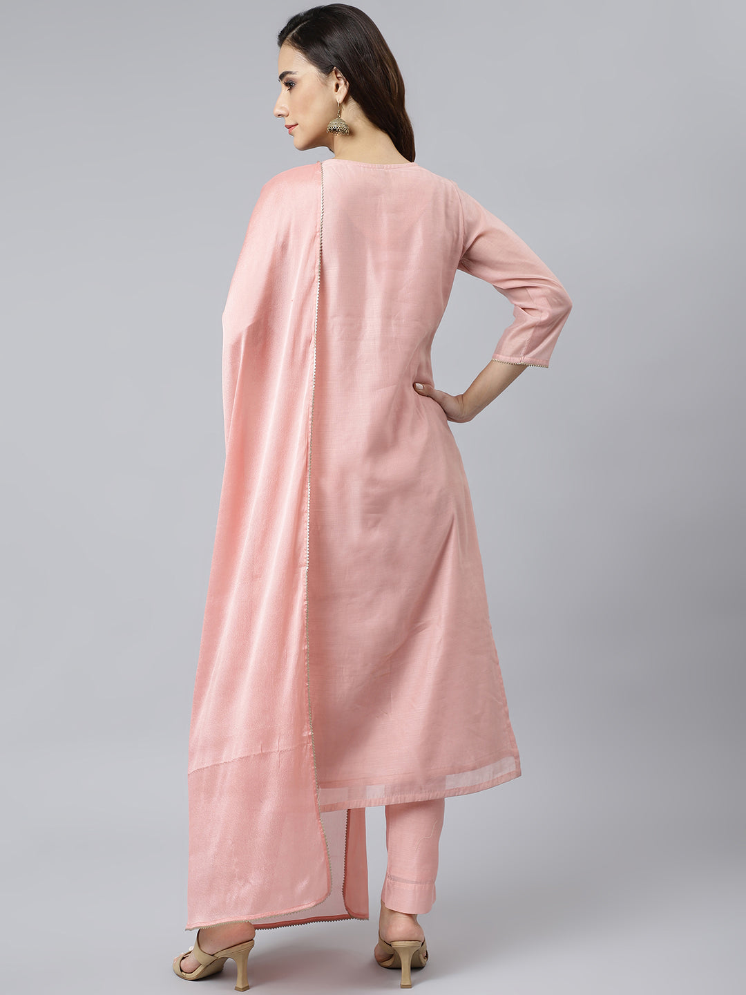 Janasya Women's Baby Pink Poly Silk Solid Kurta With Pant And Dupatta | Swadesiicart