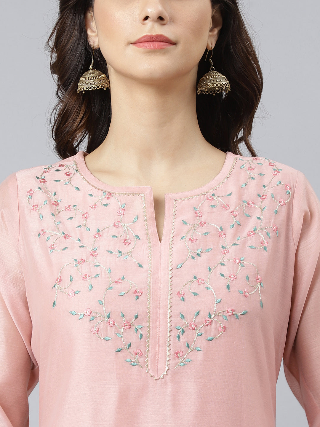 Janasya Women's Baby Pink Poly Silk Solid Kurta With Pant And Dupatta | Swadesiicart