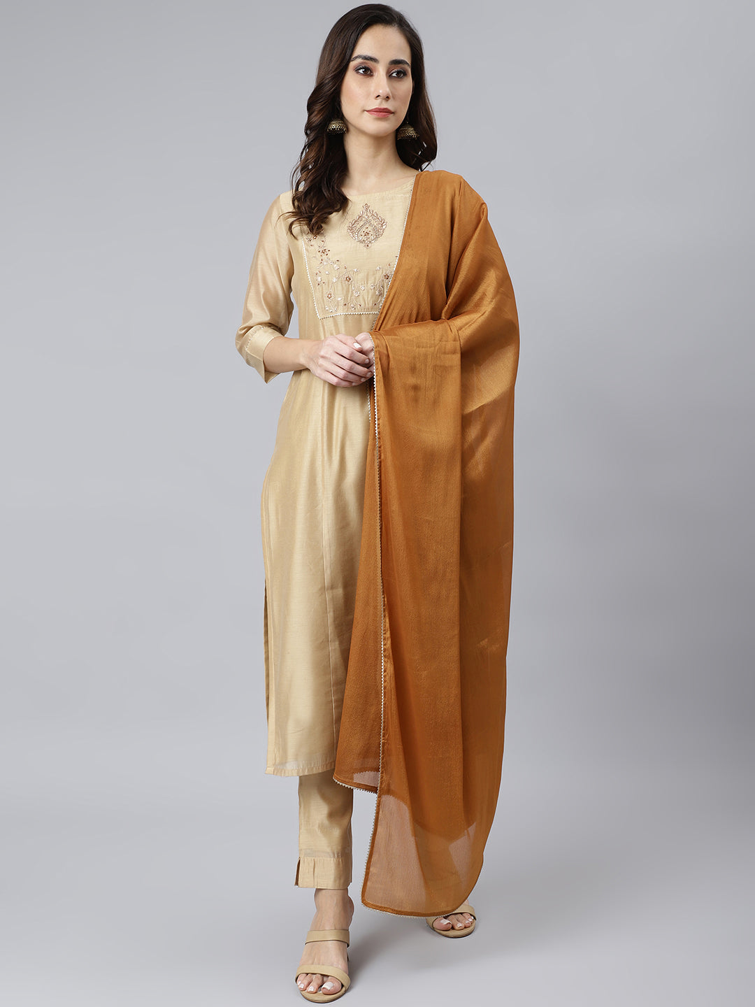 Janasya Women's Beige Chanderi Silk Solid Kurta With Pant And Dupatta | Swadesiicart