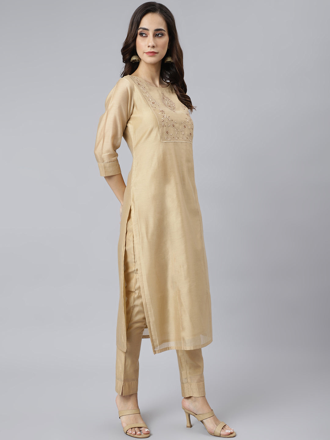 Janasya Women's Beige Chanderi Silk Solid Kurta With Pant And Dupatta | Swadesiicart