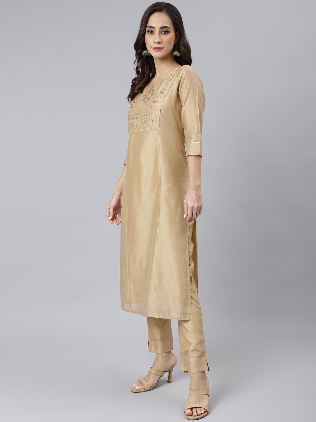 Janasya Women's Beige Chanderi Silk Solid Kurta With Pant And Dupatta | Swadesiicart
