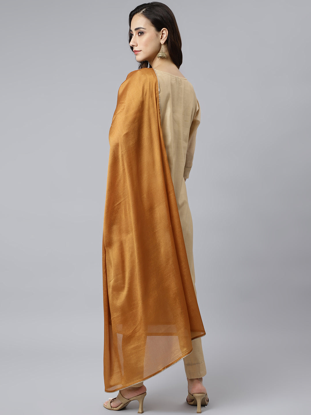 Janasya Women's Beige Chanderi Silk Solid Kurta With Pant And Dupatta | Swadesiicart