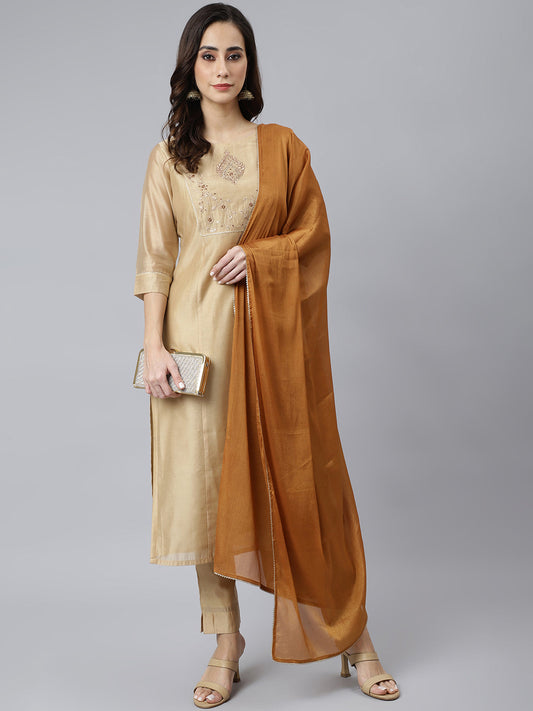 Janasya Women's Beige Chanderi Silk Solid Kurta With Pant And Dupatta | Swadesiicart