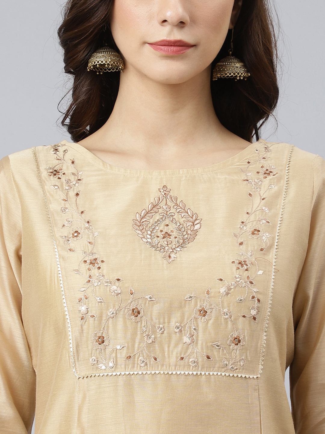 Janasya Women's Beige Chanderi Silk Solid Kurta With Pant And Dupatta | Swadesiicart