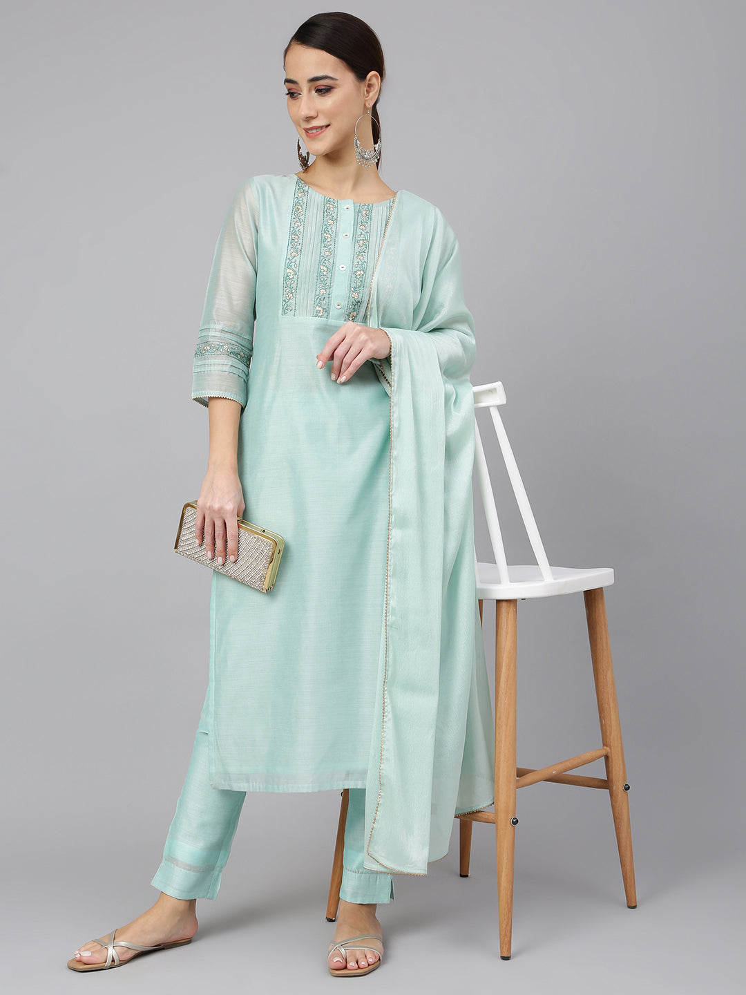 Janasya Women's Sea Blue Chanderi Silk Solid Kurta With Pant And Dupatta | Swadesiicart