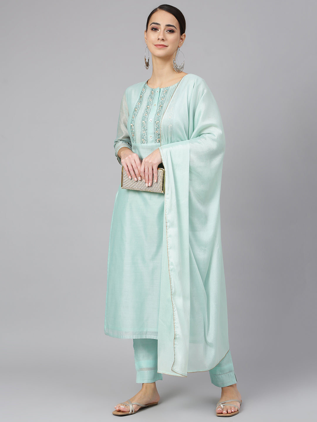 Janasya Women's Sea Blue Chanderi Silk Solid Kurta With Pant And Dupatta | Swadesiicart