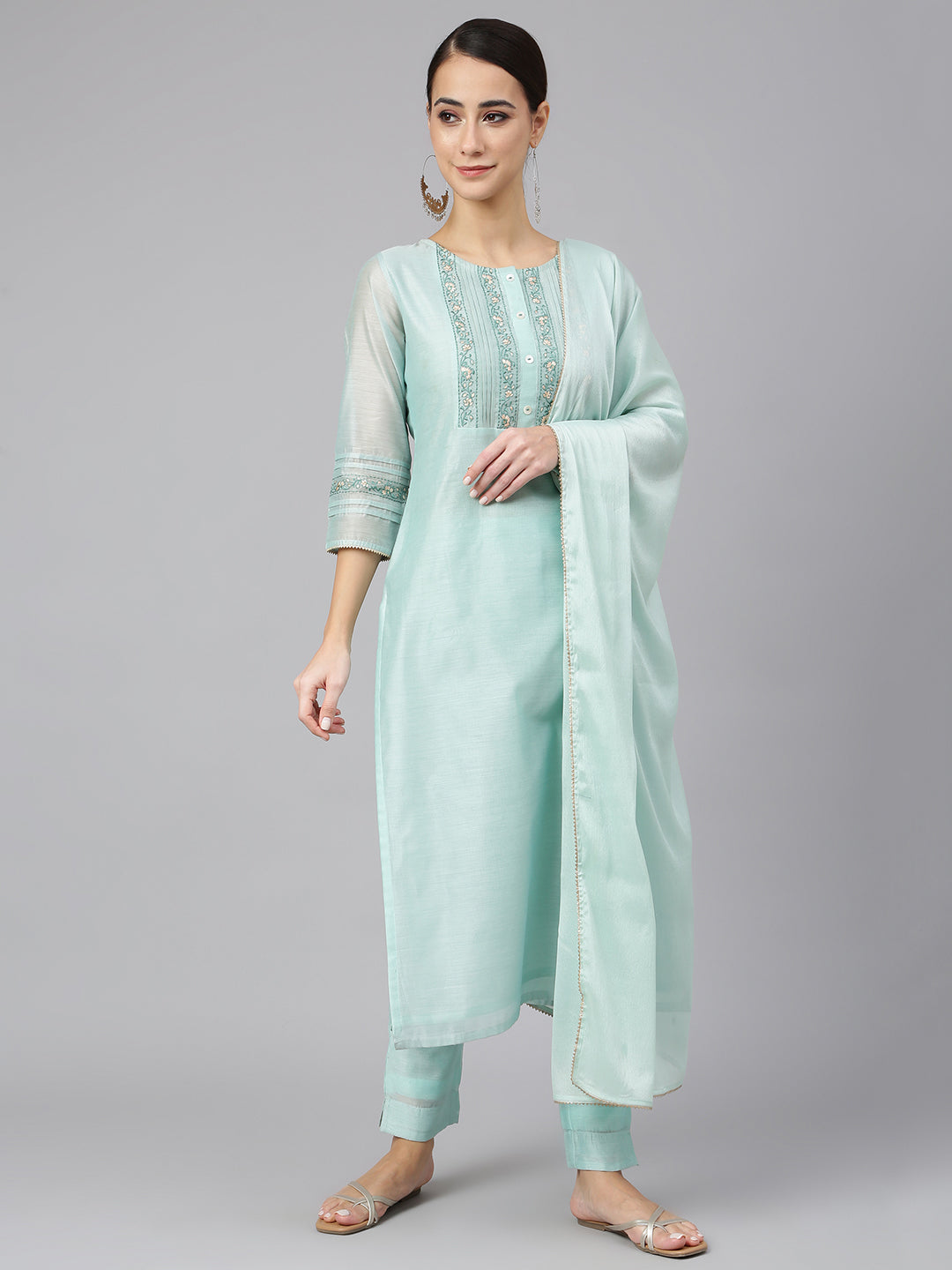 Janasya Women's Sea Blue Chanderi Silk Solid Kurta With Pant And Dupatta | Swadesiicart