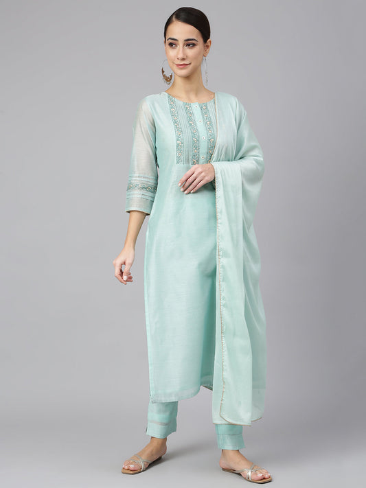 Janasya Women's Sea Blue Chanderi Silk Solid Kurta With Pant And Dupatta | Swadesiicart