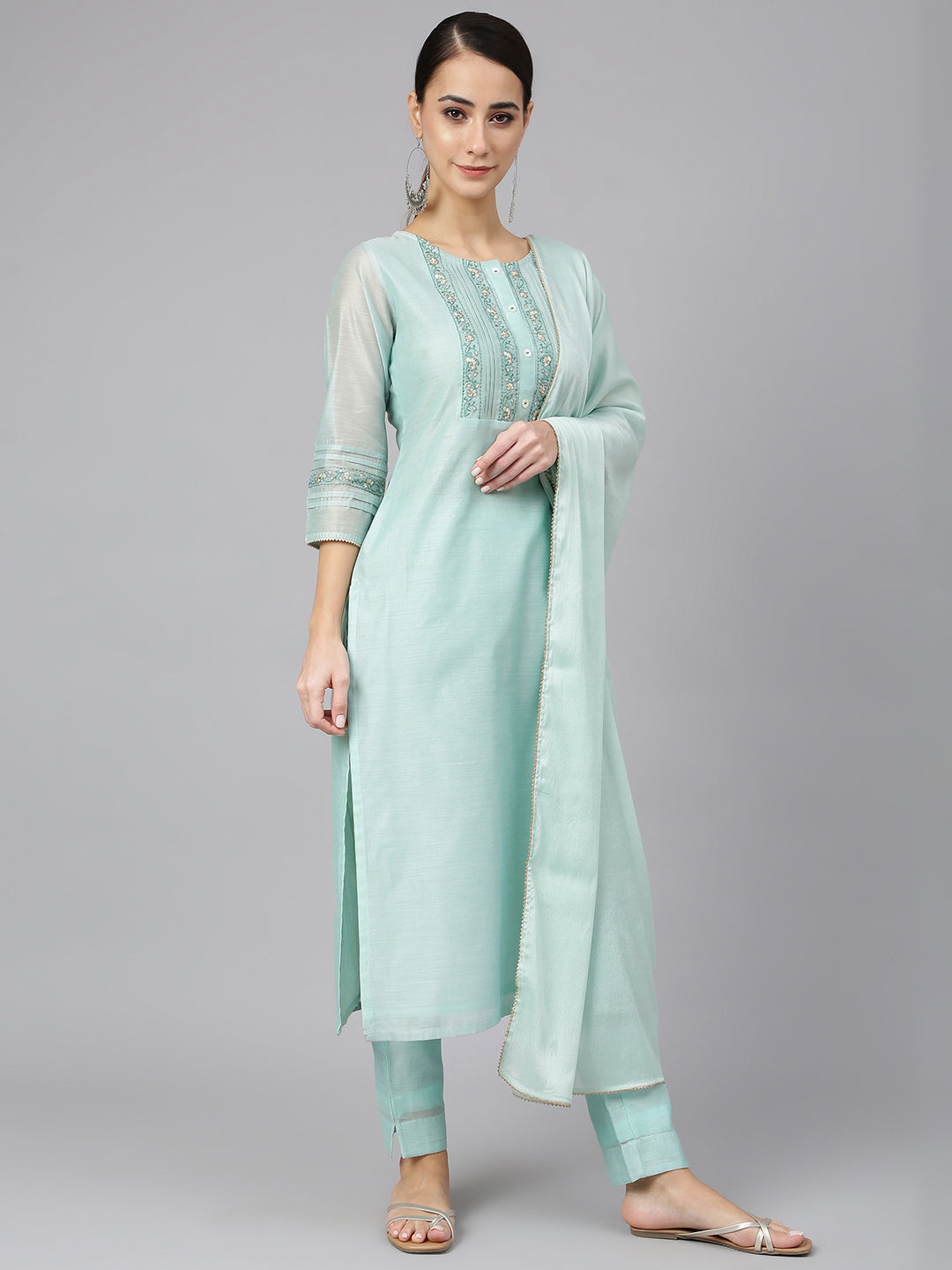 Janasya Women's Sea Blue Chanderi Silk Solid Kurta With Pant And Dupatta | Swadesiicart