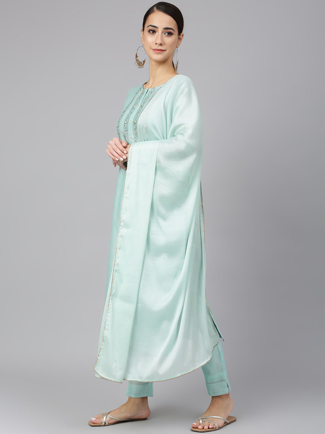 Janasya Women's Sea Blue Chanderi Silk Solid Kurta With Pant And Dupatta | Swadesiicart
