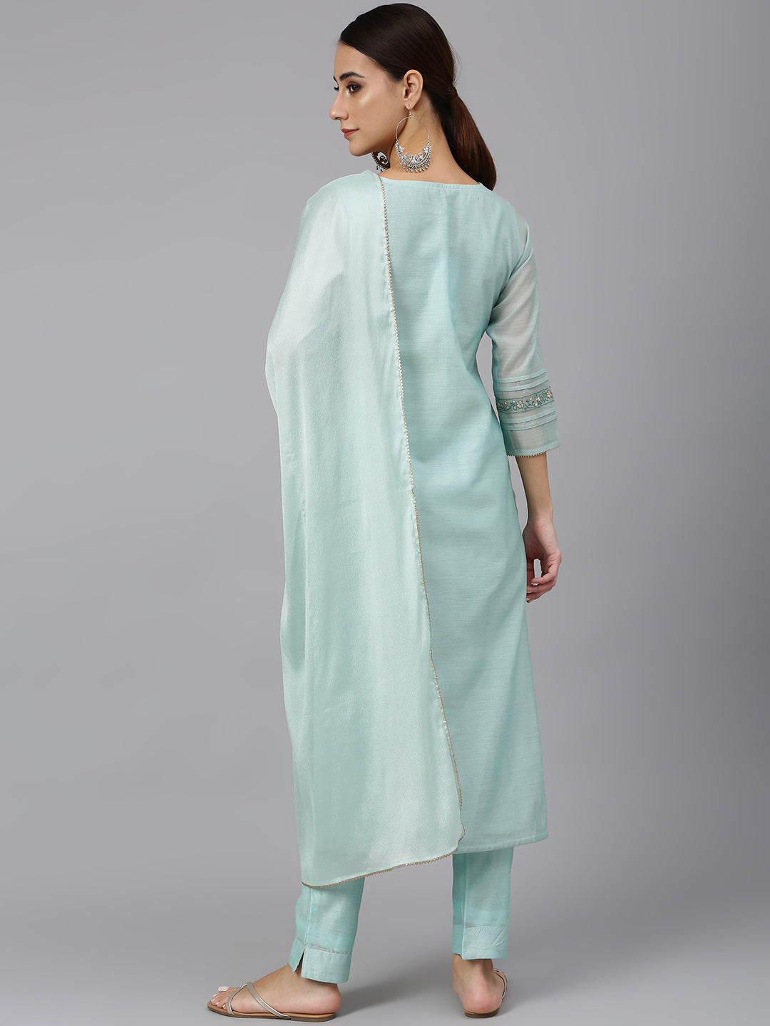 Janasya Women's Sea Blue Chanderi Silk Solid Kurta With Pant And Dupatta | Swadesiicart