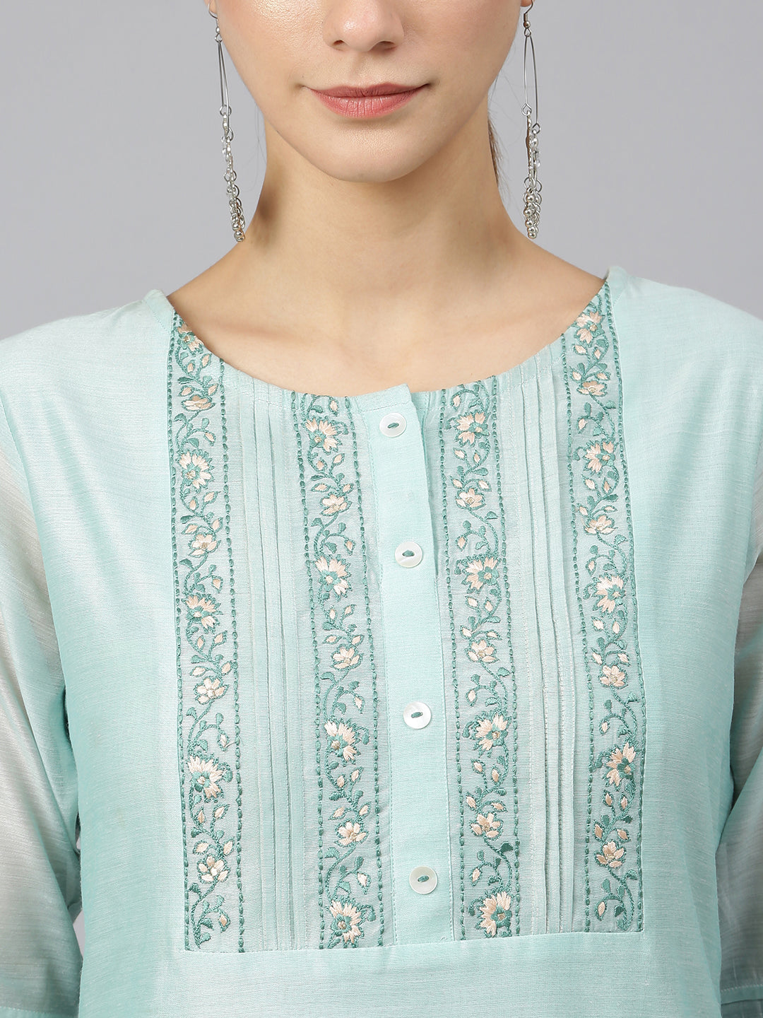 Janasya Women's Sea Blue Chanderi Silk Solid Kurta With Pant And Dupatta | Swadesiicart