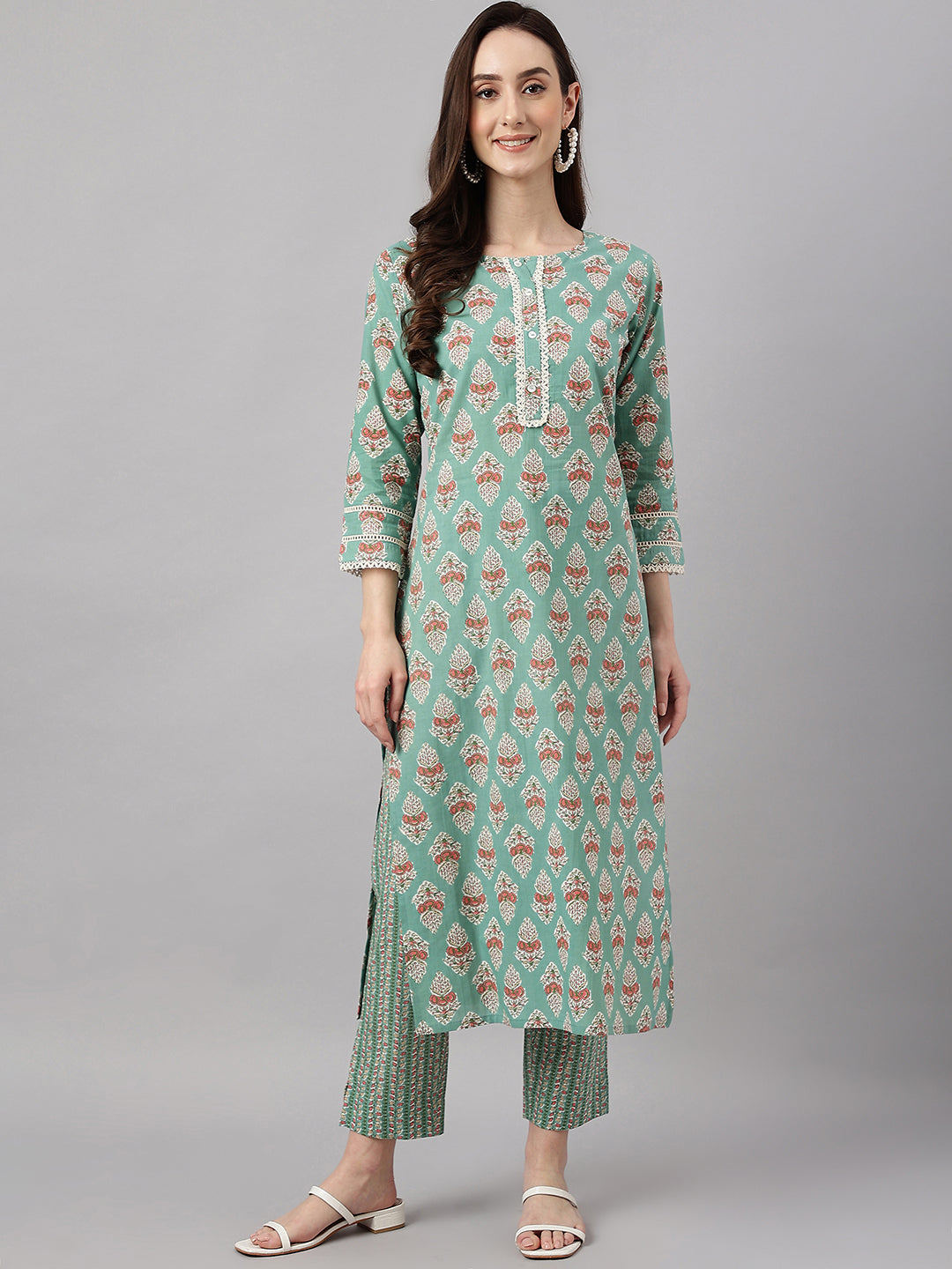 Janasya Women's Mint Green Cotton Floral Printed Straight Casual Kurta Set | Swadesiicart