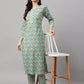 Janasya Women's Mint Green Cotton Floral Printed Straight Casual Kurta Set | Swadesiicart