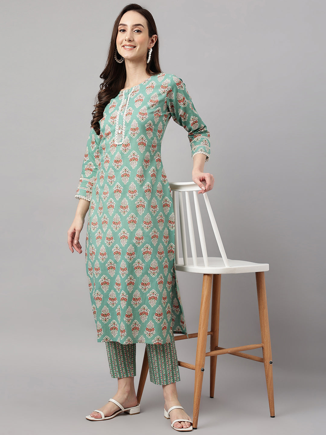 Janasya Women's Mint Green Cotton Floral Printed Straight Casual Kurta Set | Swadesiicart