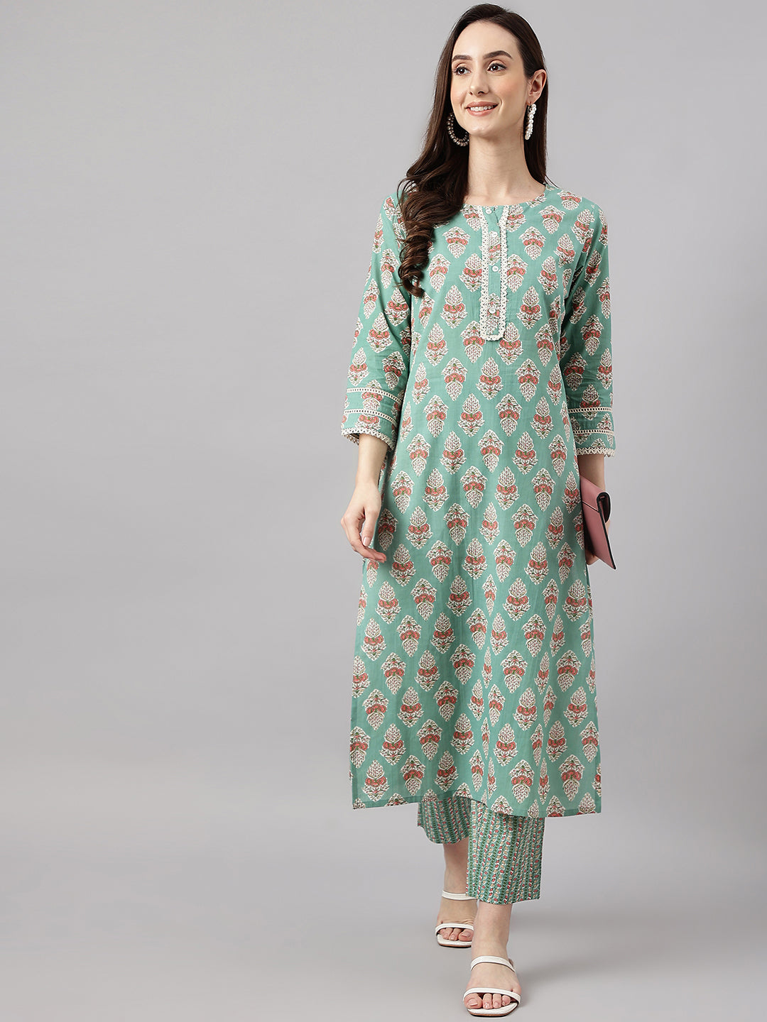 Janasya Women's Mint Green Cotton Floral Printed Straight Casual Kurta Set | Swadesiicart