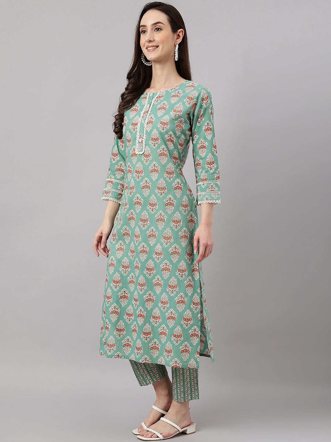 Janasya Women's Mint Green Cotton Floral Printed Straight Casual Kurta Set | Swadesiicart