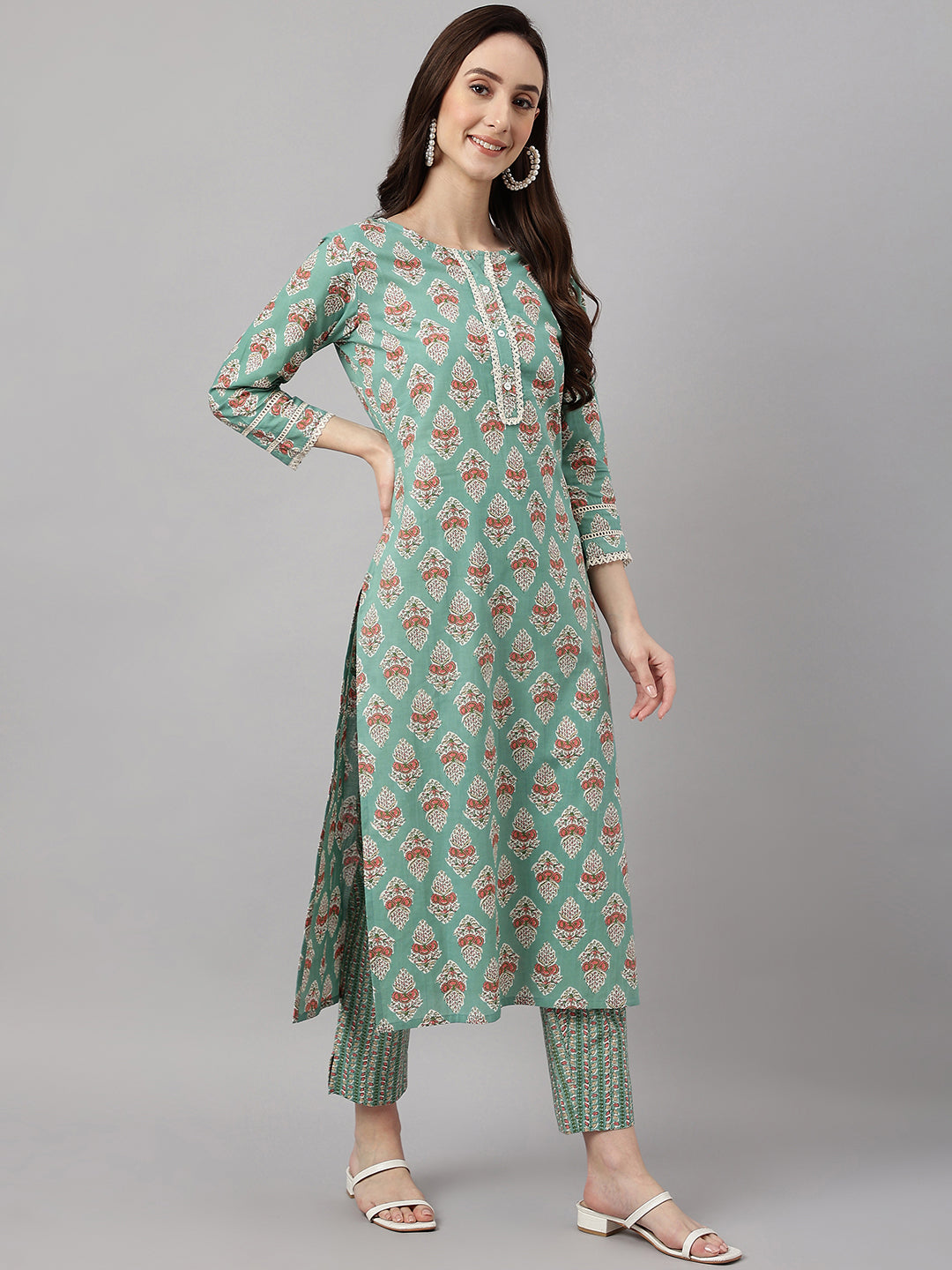 Janasya Women's Mint Green Cotton Floral Printed Straight Casual Kurta Set | Swadesiicart