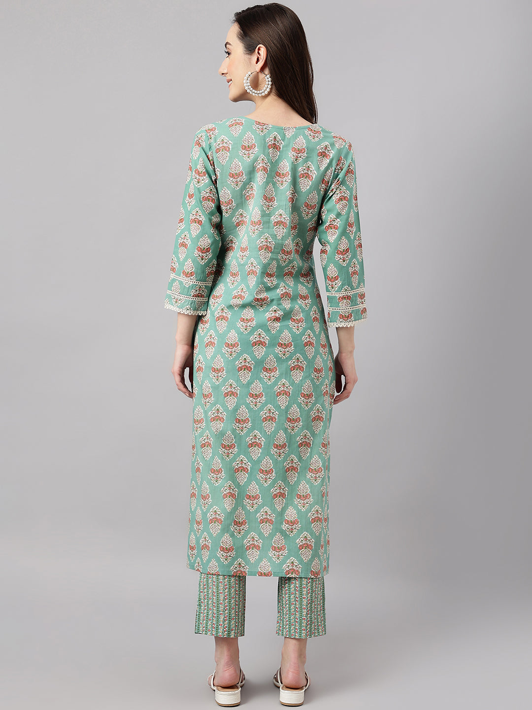 Janasya Women's Mint Green Cotton Floral Printed Straight Casual Kurta Set | Swadesiicart