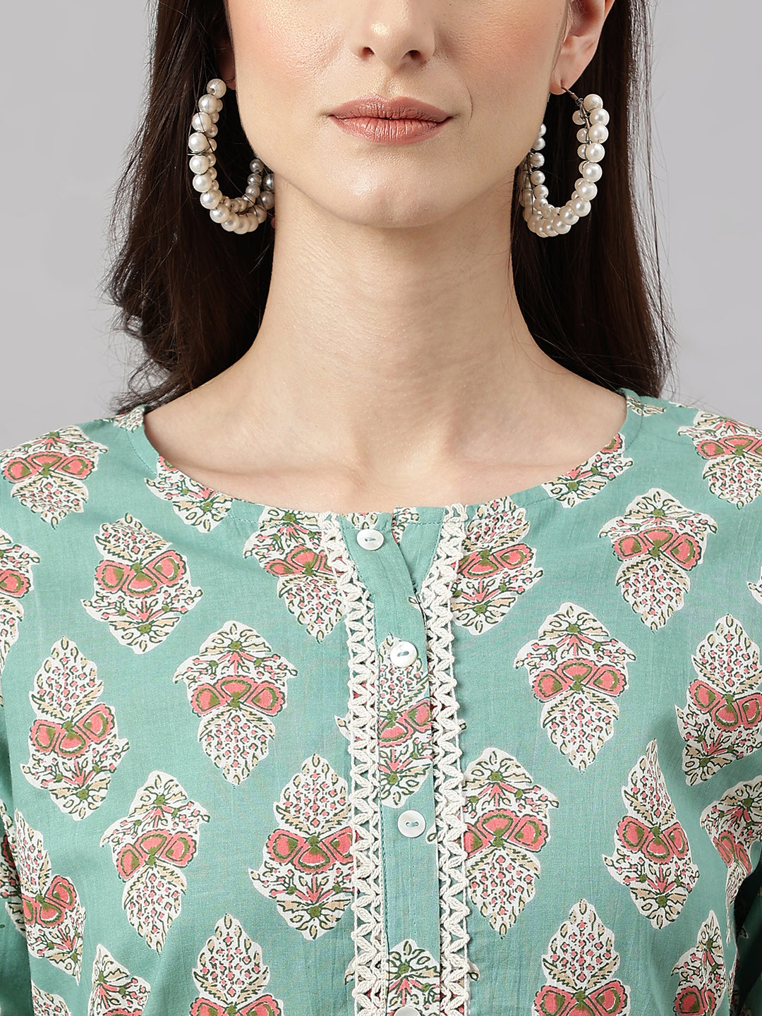 Janasya Women's Mint Green Cotton Floral Printed Straight Casual Kurta Set | Swadesiicart