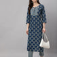Janasya Women's Blue Cotton Floral Printed Straight Casual Kurta Set | Swadesiicart