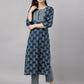 Janasya Women's Blue Cotton Floral Printed Straight Casual Kurta Set | Swadesiicart