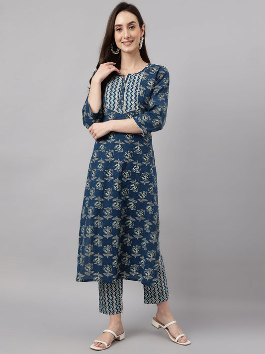 Janasya Women's Blue Cotton Floral Printed Straight Casual Kurta Set | Swadesiicart