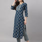 Janasya Women's Blue Cotton Floral Printed Straight Casual Kurta Set | Swadesiicart