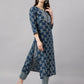 Janasya Women's Blue Cotton Floral Printed Straight Casual Kurta Set | Swadesiicart