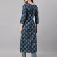 Janasya Women's Blue Cotton Floral Printed Straight Casual Kurta Set | Swadesiicart
