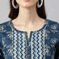 Janasya Women's Blue Cotton Floral Printed Straight Casual Kurta Set | Swadesiicart