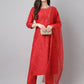 Janasya Women's Red Chinon Solid Straight Festive Kurta Set | Swadesiicart