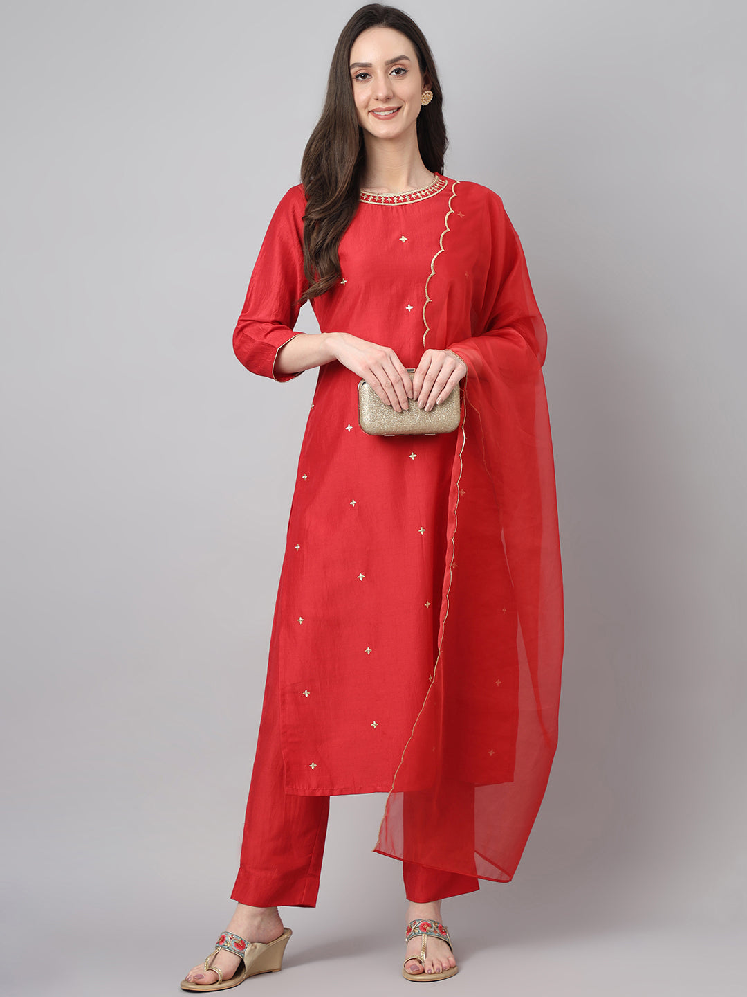 Janasya Women's Red Chinon Solid Straight Festive Kurta Set | Swadesiicart