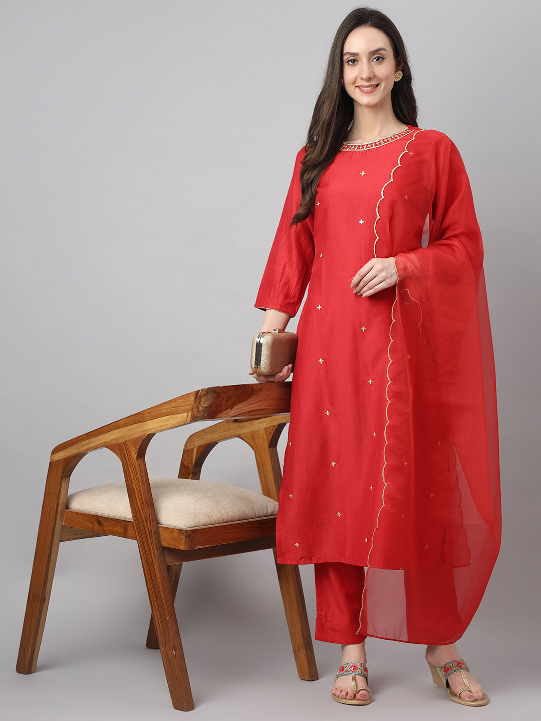 Janasya Women's Red Chinon Solid Straight Festive Kurta Set | Swadesiicart