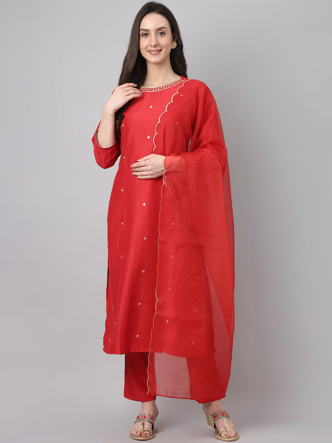 Janasya Women's Red Chinon Solid Straight Festive Kurta Set | Swadesiicart