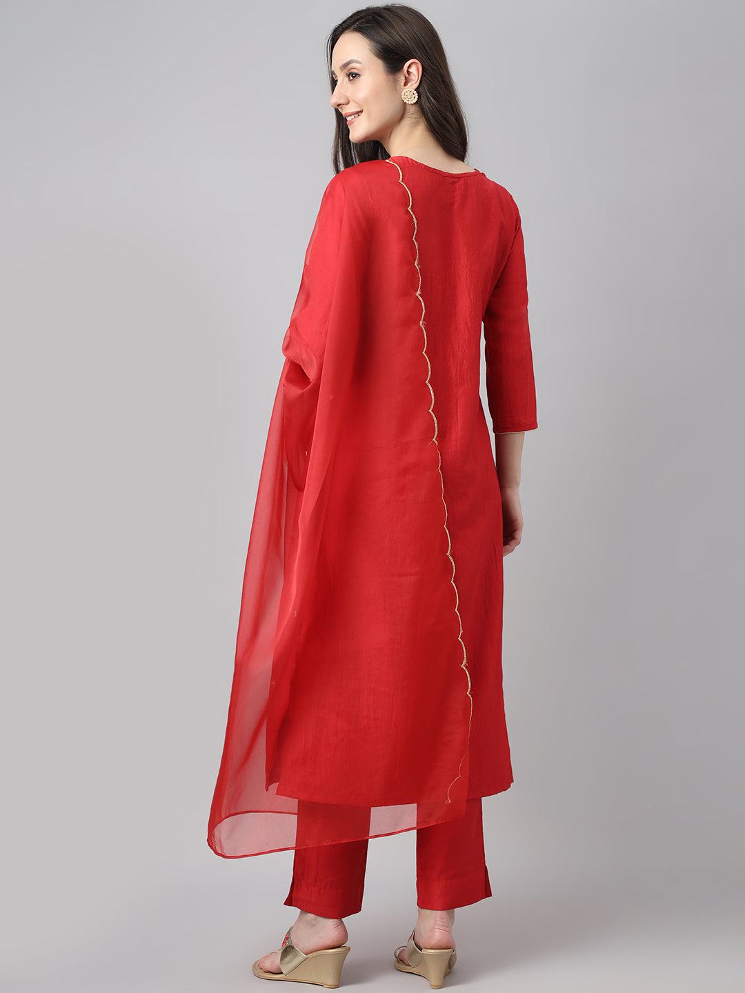 Janasya Women's Red Chinon Solid Straight Festive Kurta Set | Swadesiicart