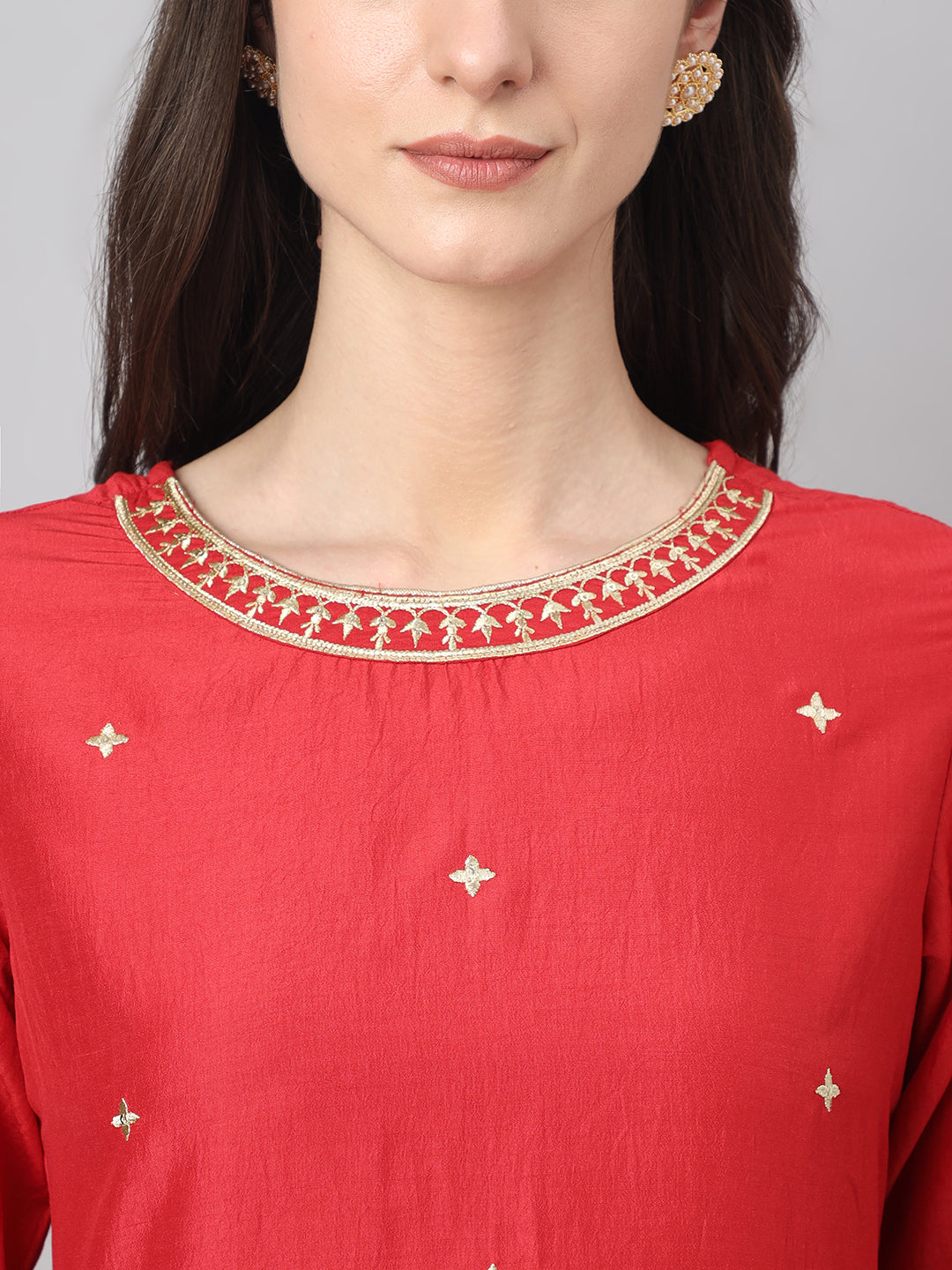 Janasya Women's Red Chinon Solid Straight Festive Kurta Set | Swadesiicart