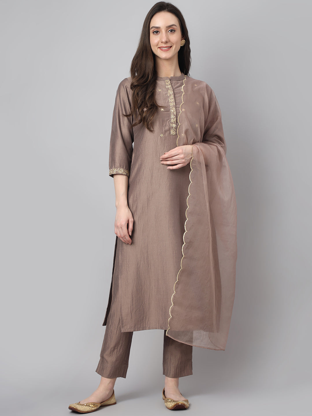 Janasya Women's Brown Chinon Solid Straight Festive Kurta Set | Swadesiicart