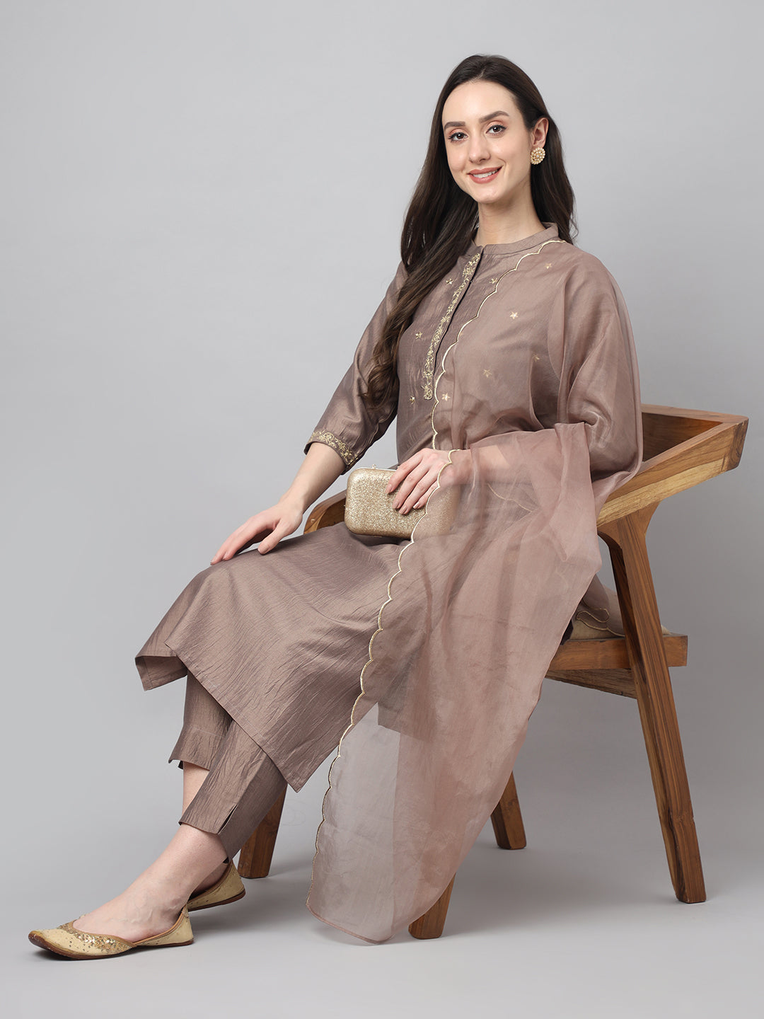 Janasya Women's Brown Chinon Solid Straight Festive Kurta Set | Swadesiicart