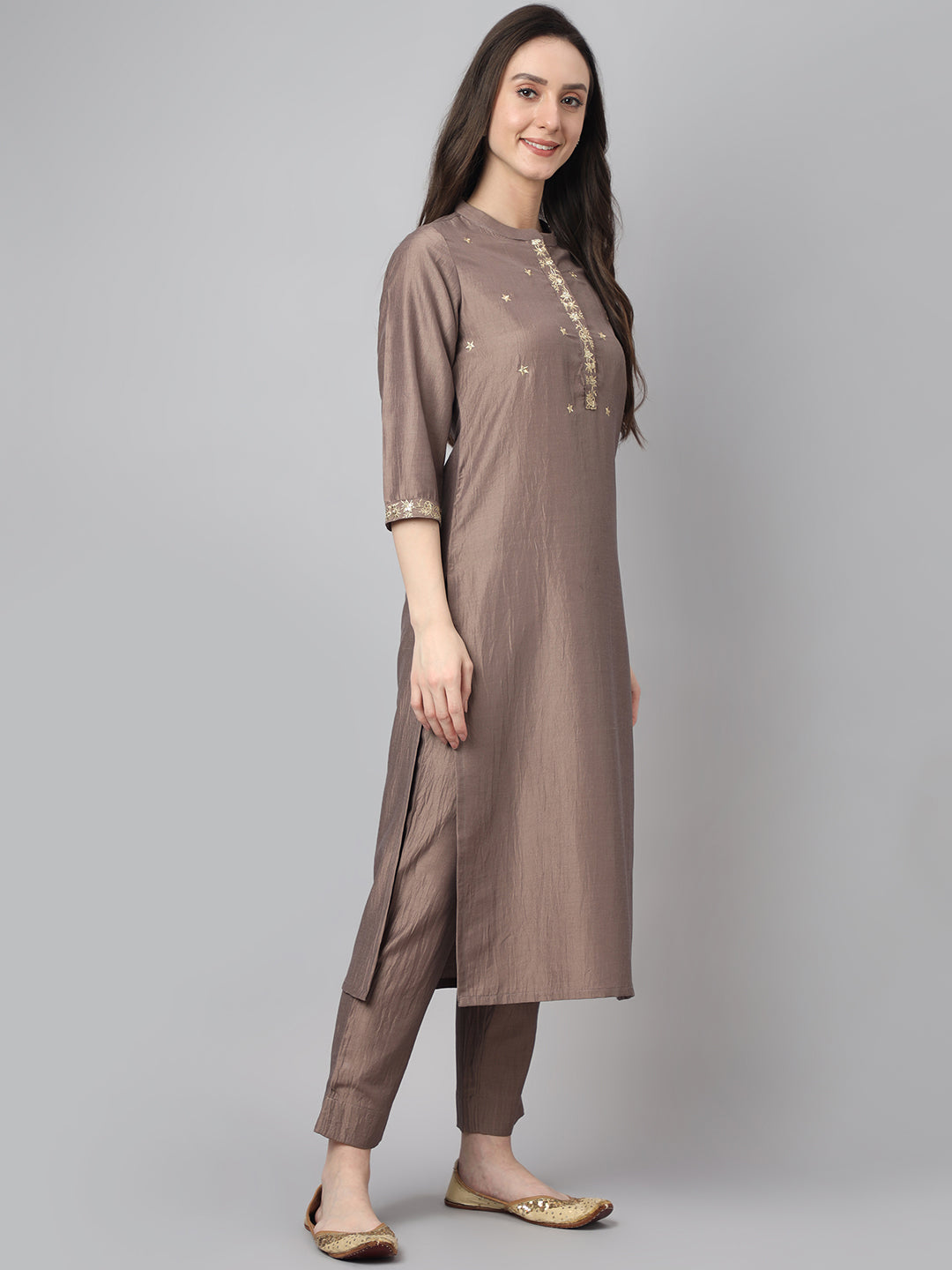 Janasya Women's Brown Chinon Solid Straight Festive Kurta Set | Swadesiicart