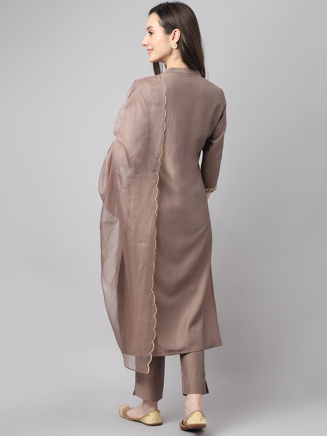 Janasya Women's Brown Chinon Solid Straight Festive Kurta Set | Swadesiicart