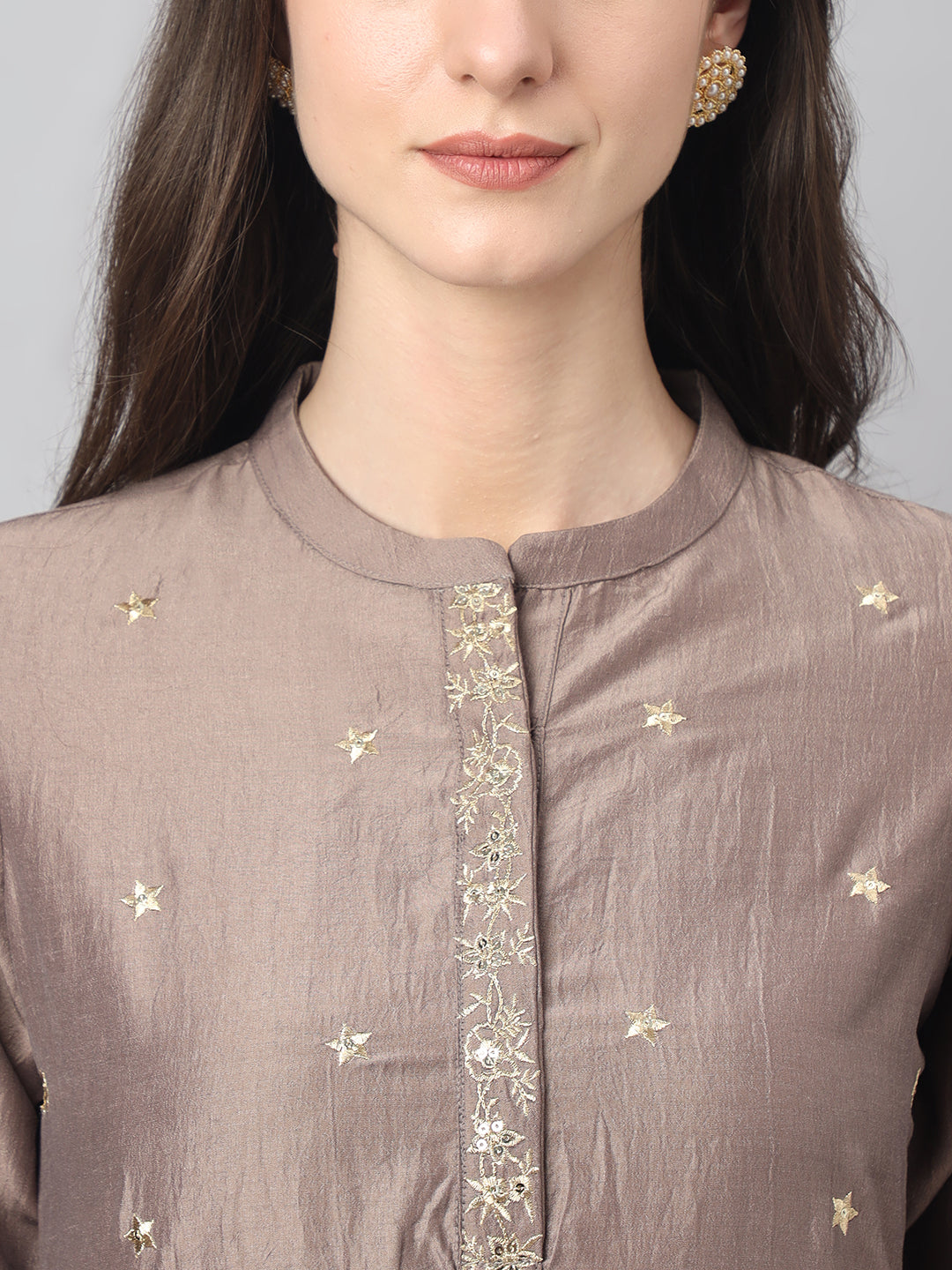 Janasya Women's Brown Chinon Solid Straight Festive Kurta Set | Swadesiicart