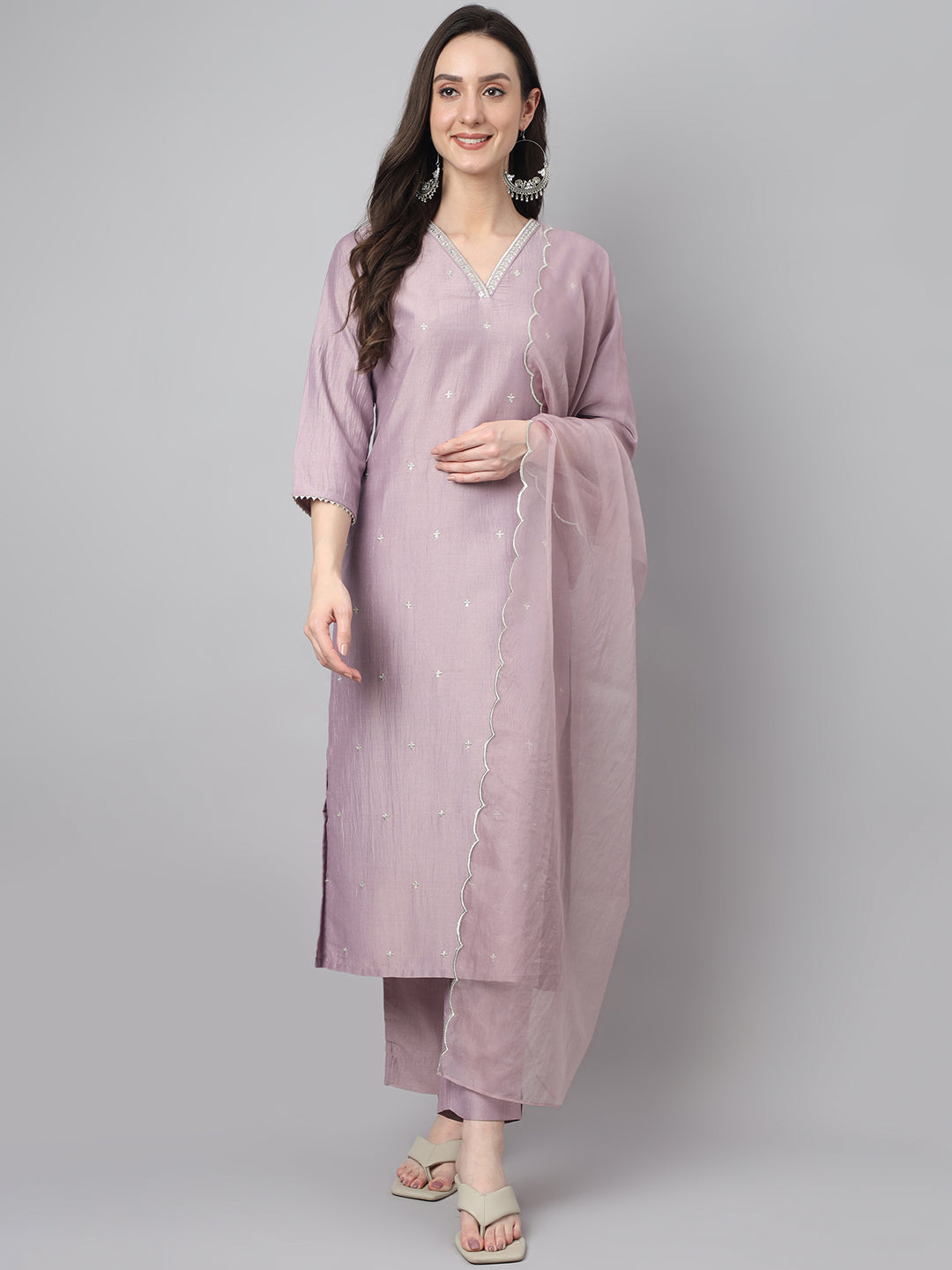 Janasya Women's Lavender Chinon Solid Straight Festive Kurta Set | Swadesiicart