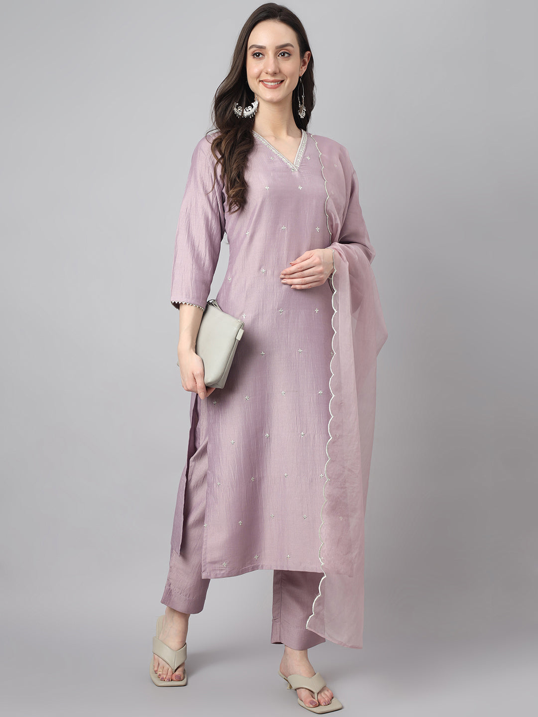 Janasya Women's Lavender Chinon Solid Straight Festive Kurta Set | Swadesiicart